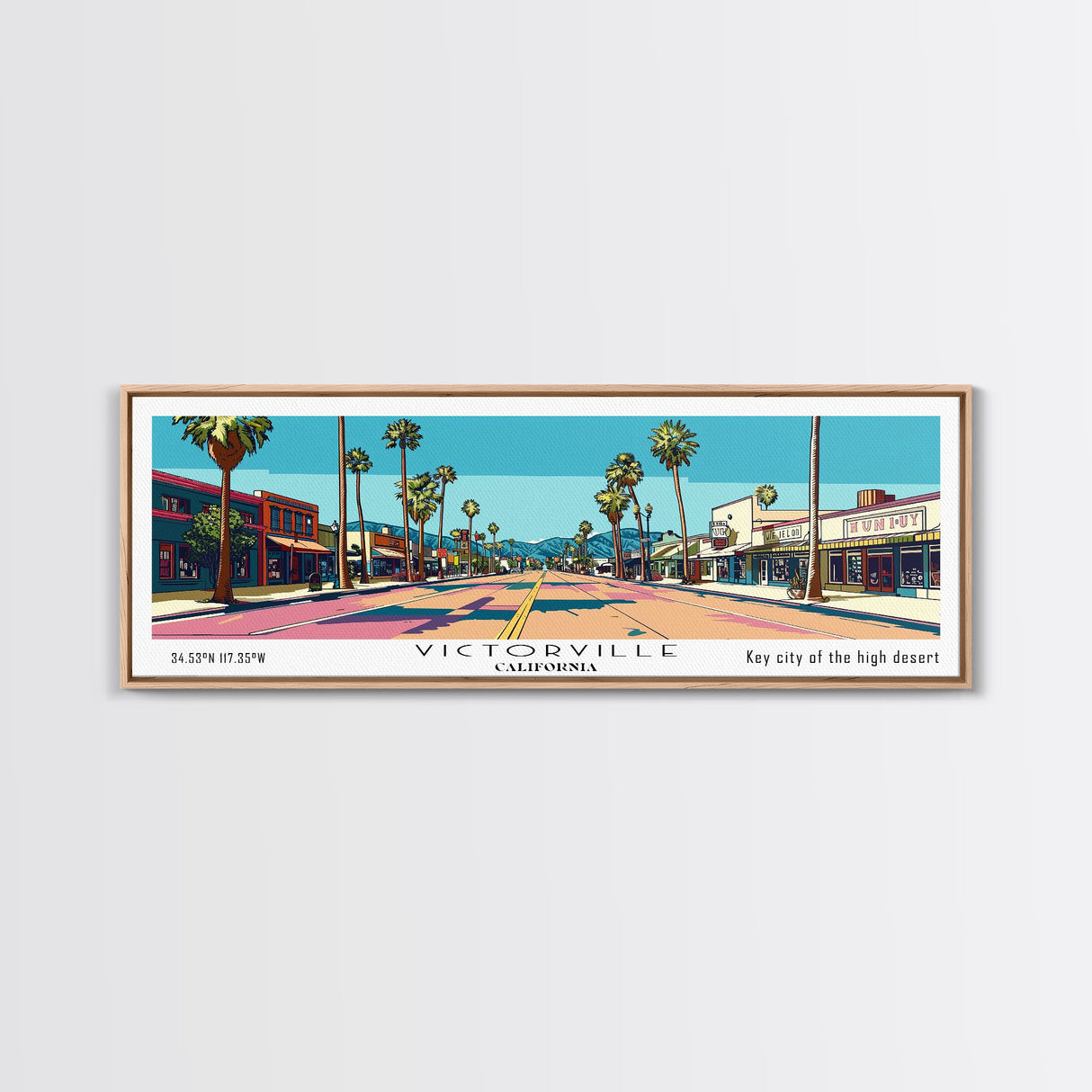 Victorville California Panoramic Art, Mid Century Modern Framed Canvas Print, Retro Pop Art Travel Poster, City Print, Living Room Decor