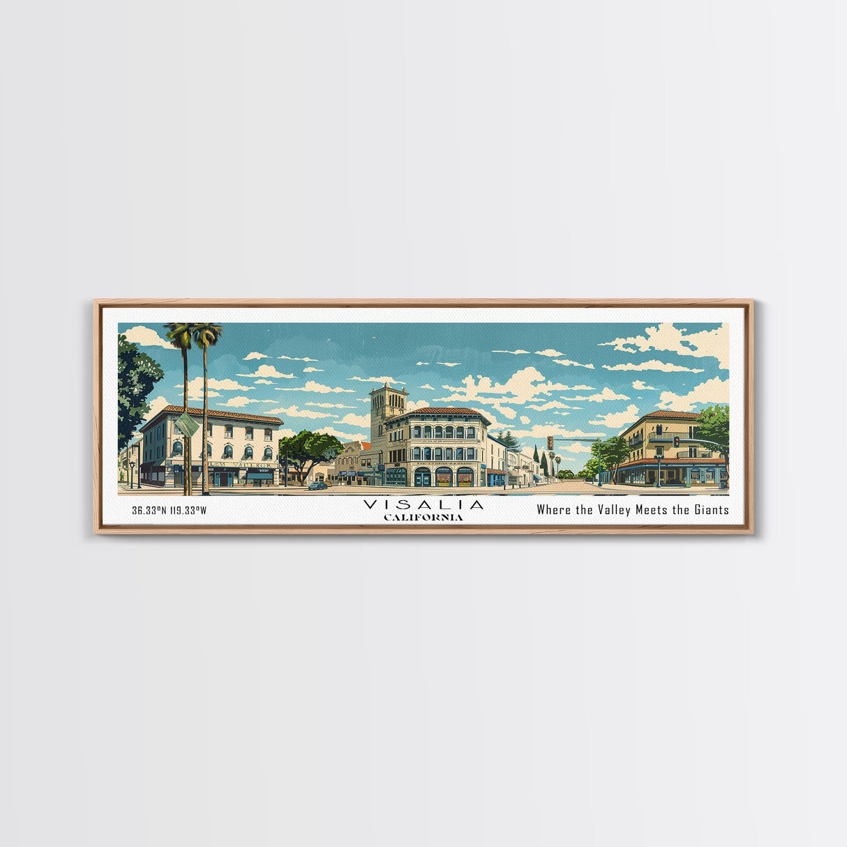 Visalia California Panoramic Art, Mid Century Modern Framed Canvas Print, Retro Pop Art Travel Poster, City Print, Living Room Wall Decor