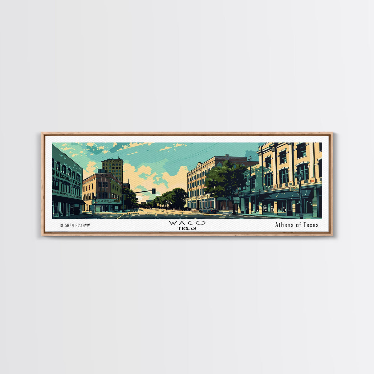 Waco Texas Panoramic Wall Art, Mid Century Modern Framed Canvas Print, Retro Pop Art Travel Poster, City Print, Living Room Decor