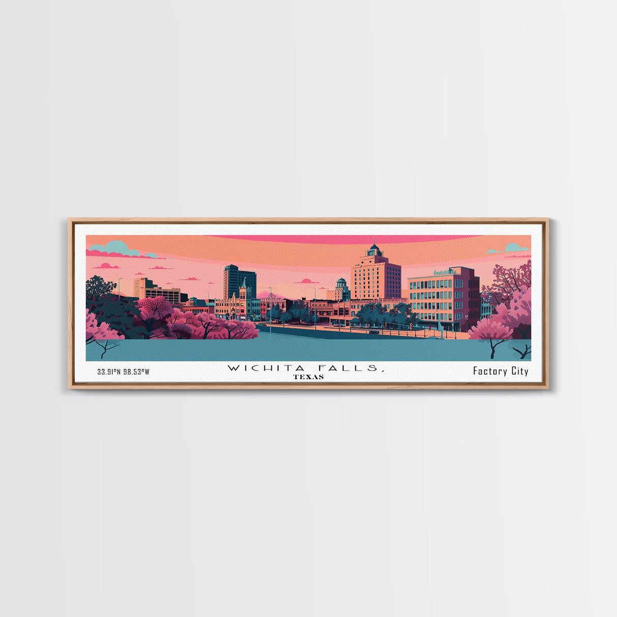 Wichita Falls Texas Panoramic Art, Mid Century Modern Framed Canvas Print, Retro Pop Art Travel Poster, City Print, Living Room Wall Decor