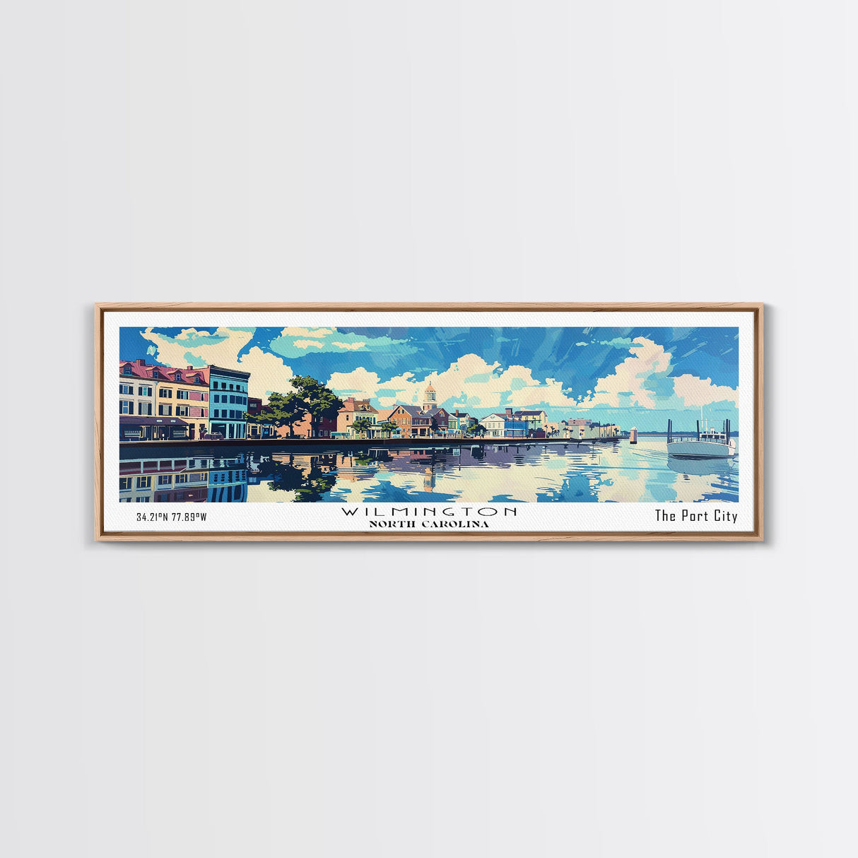 Wilmington North Carolina Panoramic Wall Art, Mid Century Modern Framed Canvas Print, Retro Pop Art Travel Poster, City Art, Home Decoration