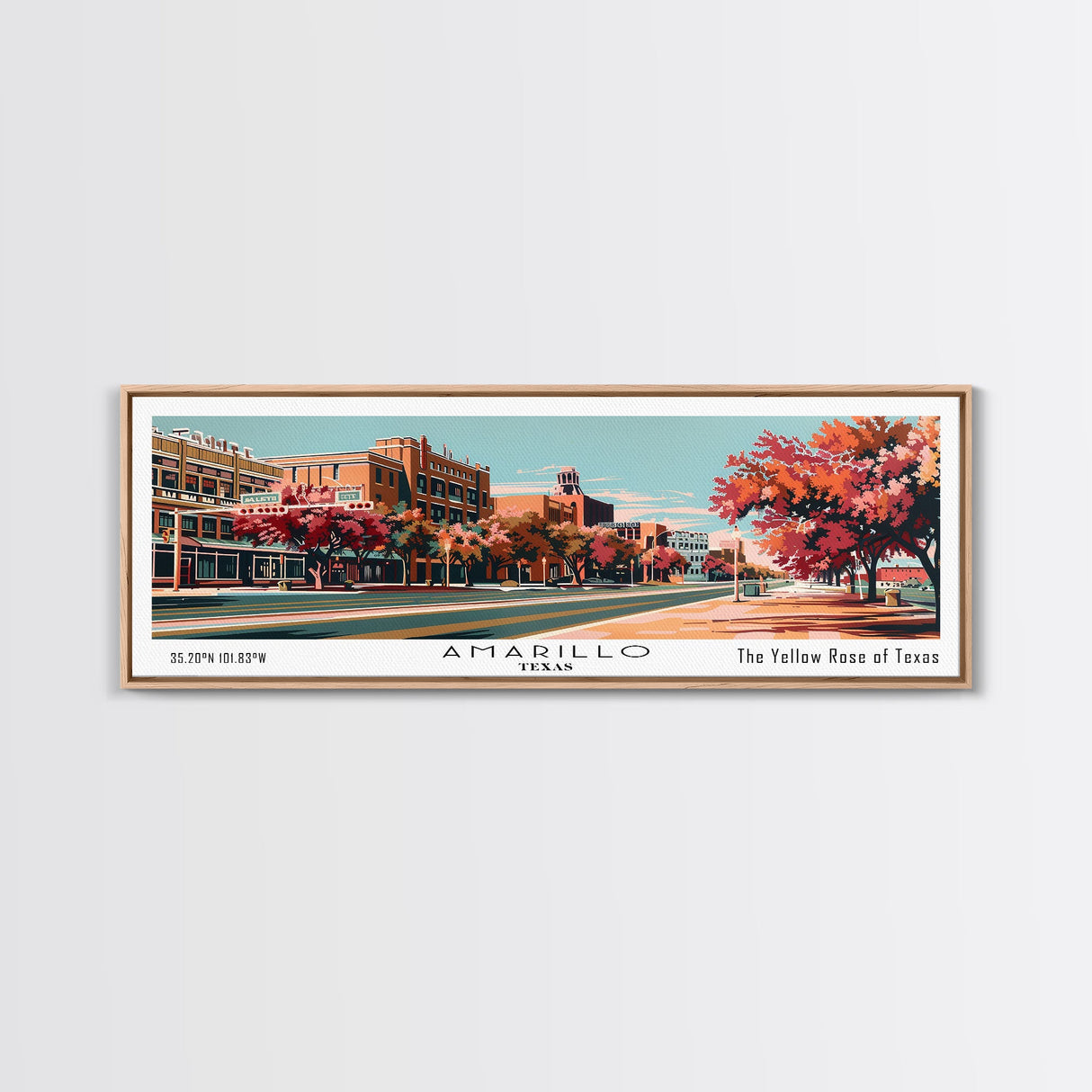 Amarillo Texas Panoramic Painting, Framed Canvas Print, Mid Century Modern Wall Art, Retro Pop Art Travel Poster, Home Decor, City Art