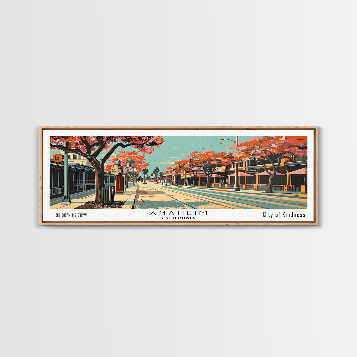 Anaheim California Panoramic Painting, Framed Canvas Print, Mid Century Modern Wall Art, Retro Pop Art Travel Poster, Office Decor, City Art