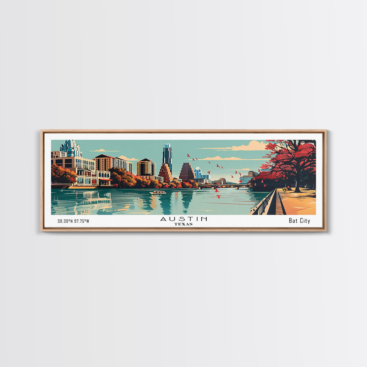 Austin Texas Panoramic Painting, Framed Canvas Print, Mid Century Modern Wall Art, Retro Pop Art Travel Poster, Home Decor, City Art