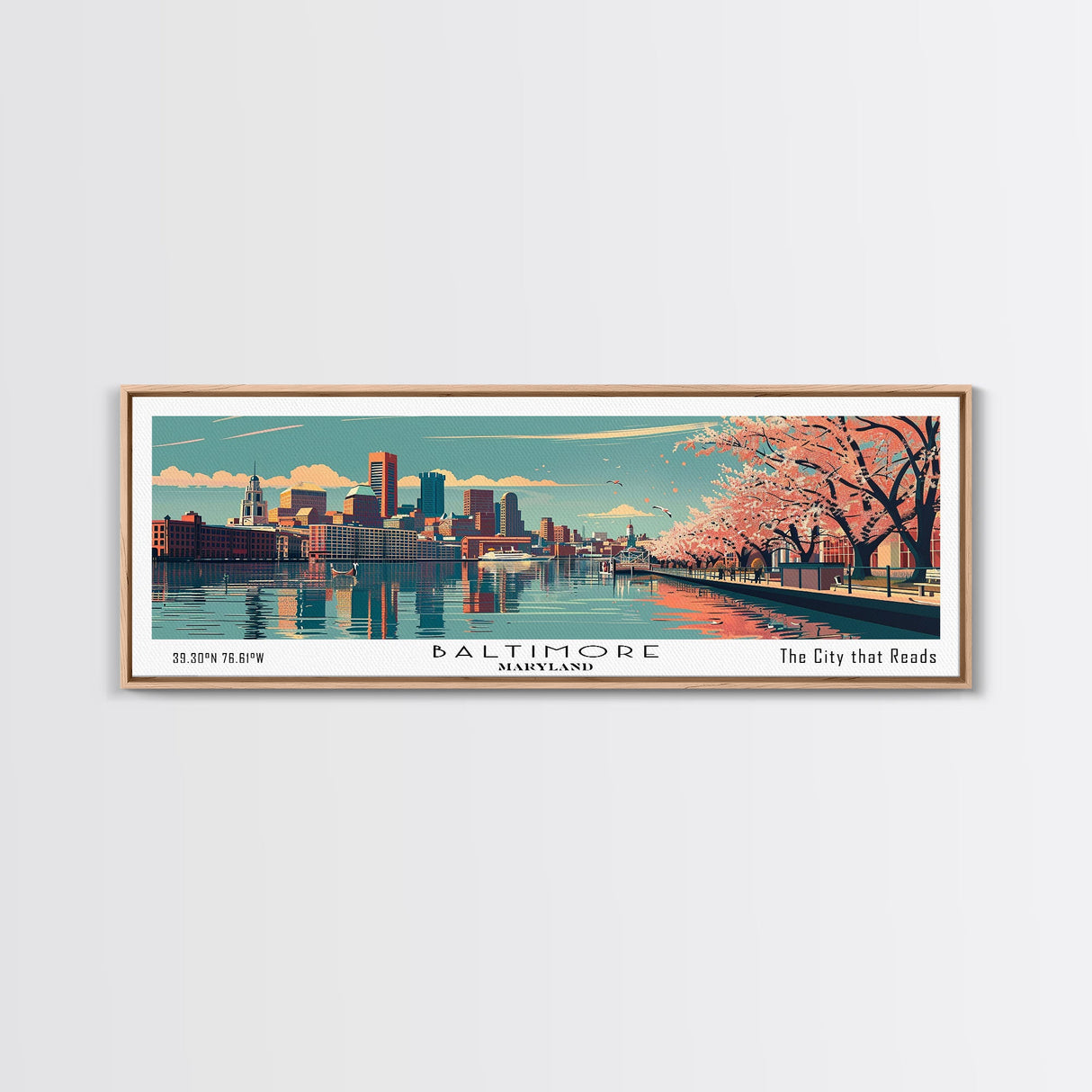 Baltimore Maryland Panoramic Painting, Framed Canvas Print, Mid Century Modern Wall Art, Retro Pop Art Travel Poster, Home Decor, City Art