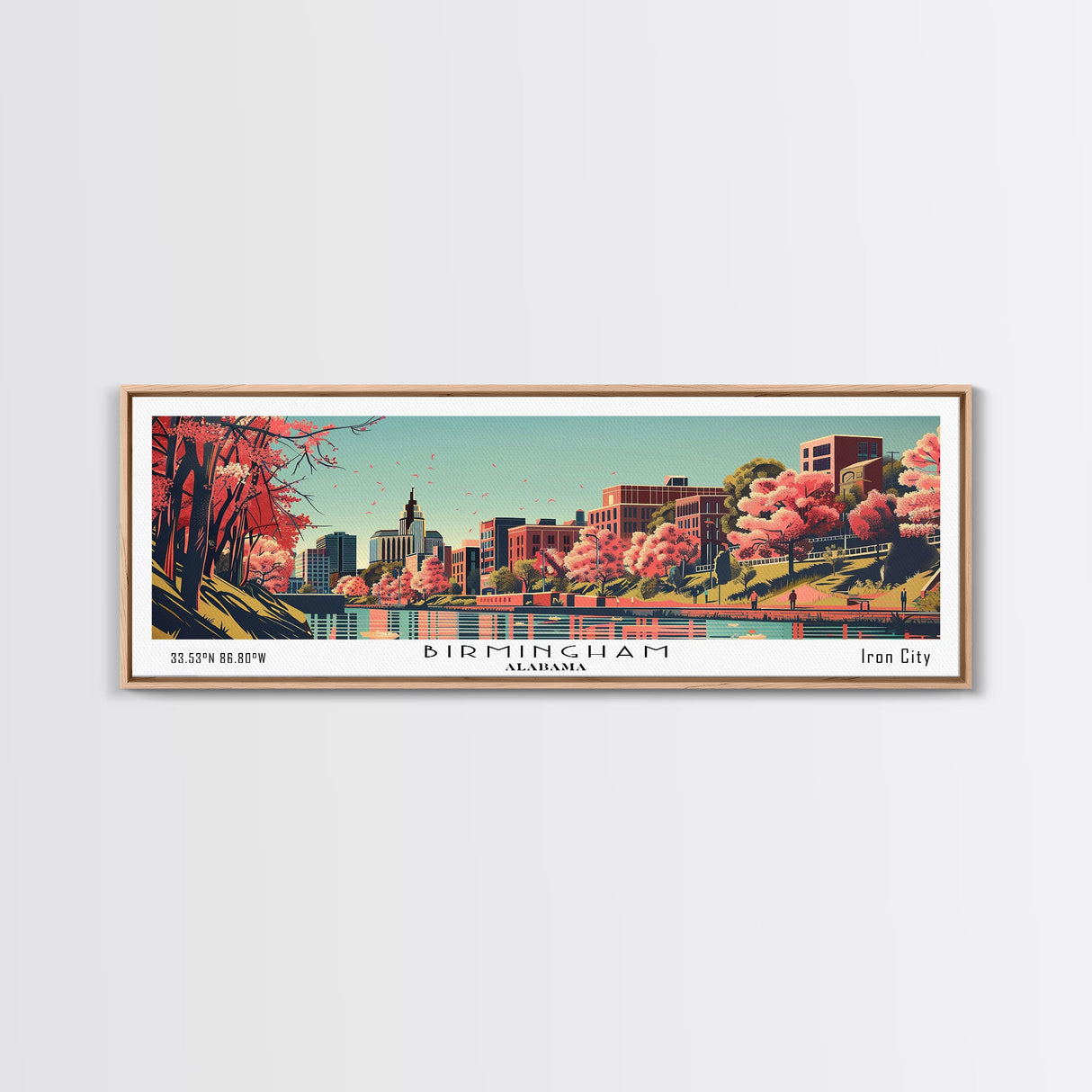 Birmingham Alabama Panoramic Painting, Framed Canvas Print, Mid Century Modern Wall Art, Retro Pop Art Travel Poster, Office Decor, City Art