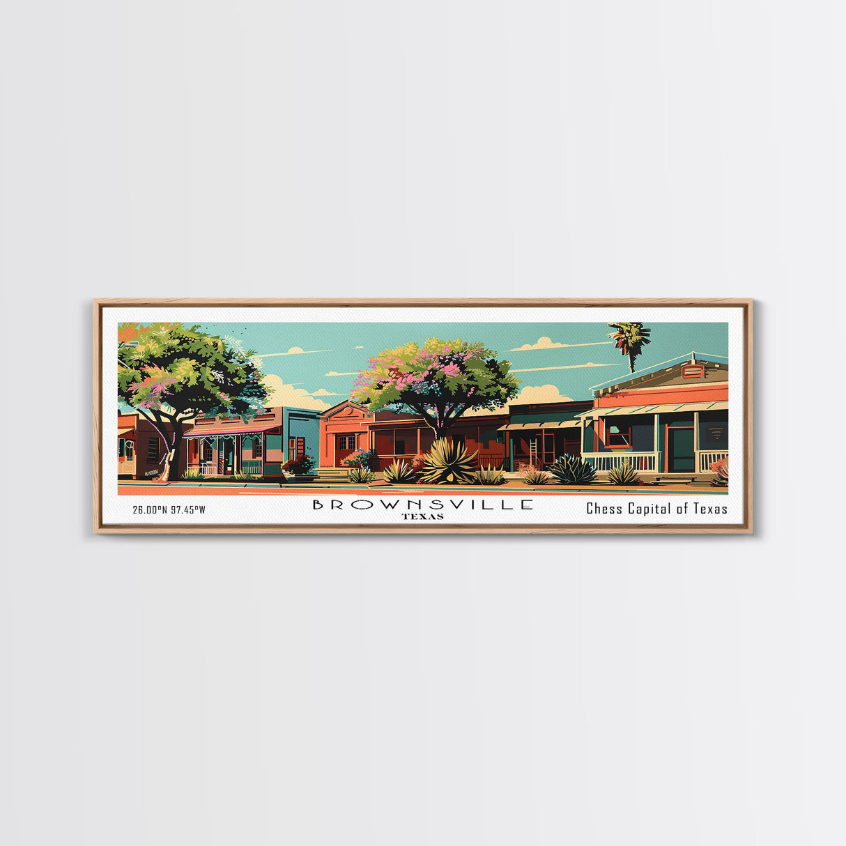 Brownsville Texas Panoramic Painting, Framed Canvas Print, Mid Century Modern Wall Art, Retro Pop Art Travel Poster, Living Room Decor, City Art