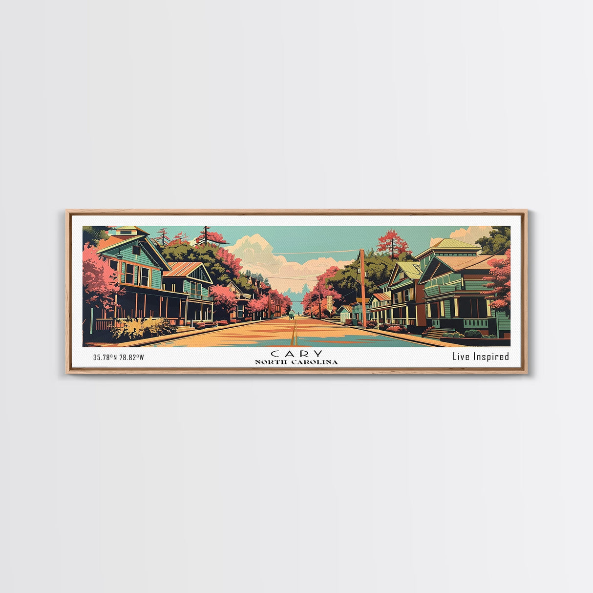 Cary North Carolina Panoramic Painting, Framed Canvas Print, Mid Century Modern Wall Art, Retro Pop Art Travel Poster, Living Room Decor, City Art