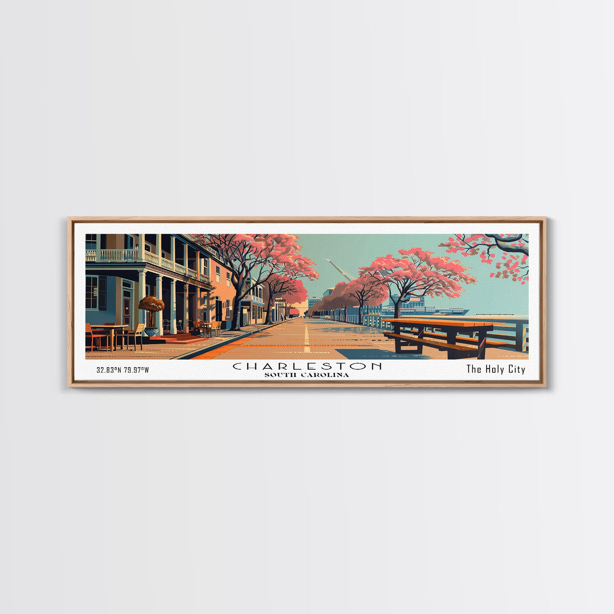 Charleston South Carolina Panoramic Painting, Framed Canvas Print, Mid Century Modern Wall Art, Retro Pop Art Travel Poster, Home Decor, City Art