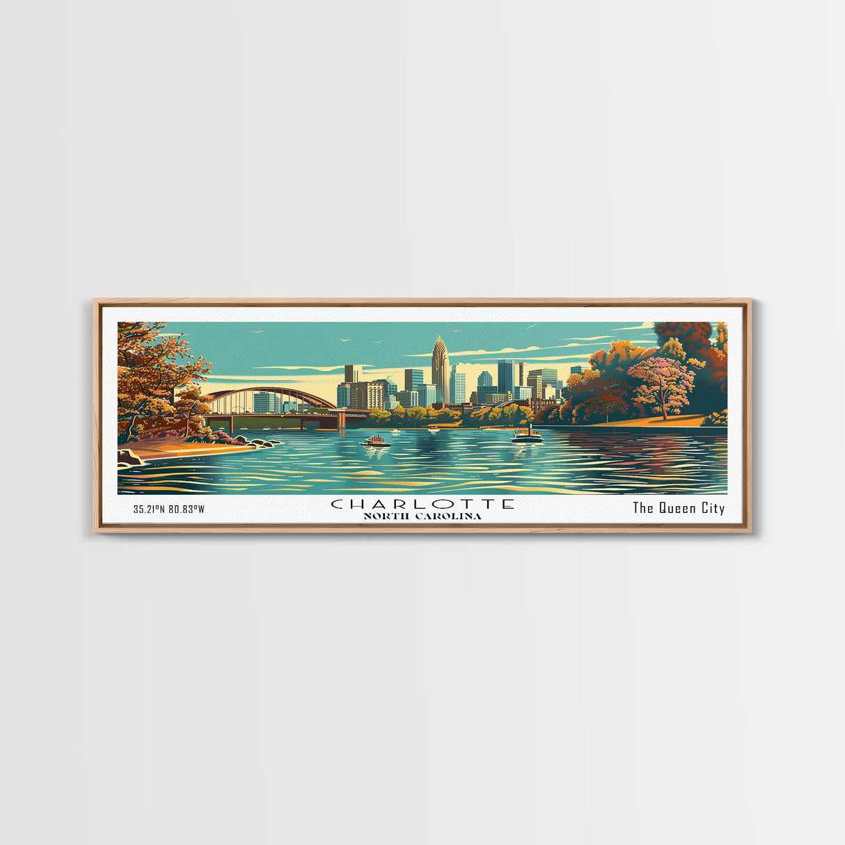 Charlotte North Carolina Panoramic Painting, Framed Canvas Print, Mid Century Modern Wall Art, Retro Pop Art Travel Poster, Living Room Decor, City Art