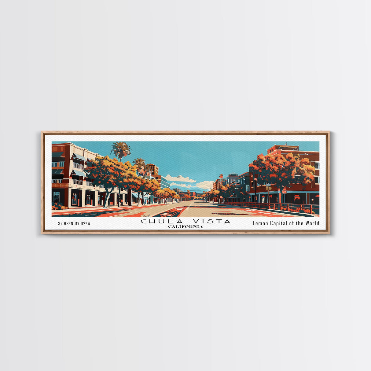 Chula Vista California Panoramic Painting, Framed Canvas Print, Mid Century Modern Wall Art, Retro Pop Art Travel Poster, Home Decor, City Art