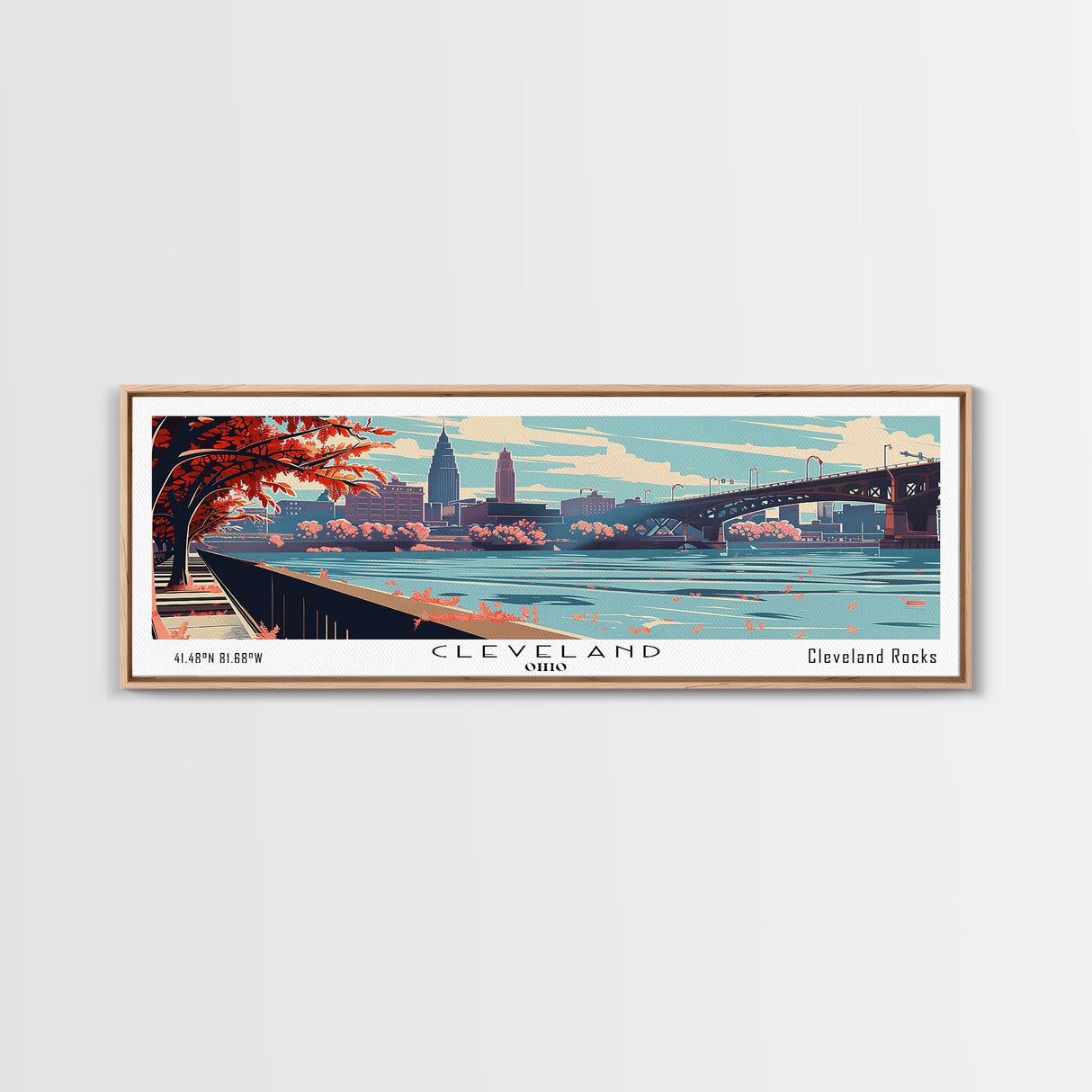 Cleveland Ohio Panoramic Painting, Framed Canvas Print, Mid Century Modern Wall Art, Retro Pop Art Travel Poster, Living Room Decor, City Art