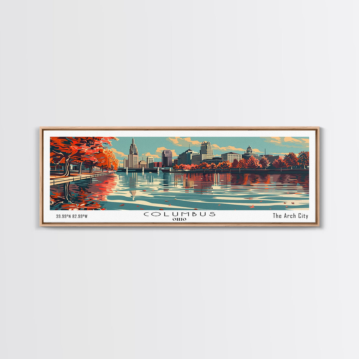 Columbus Ohio Panoramic Painting, Framed Canvas Print, Mid Century Modern Wall Art, Retro Pop Art Travel Poster, Living Room Decor, City Art