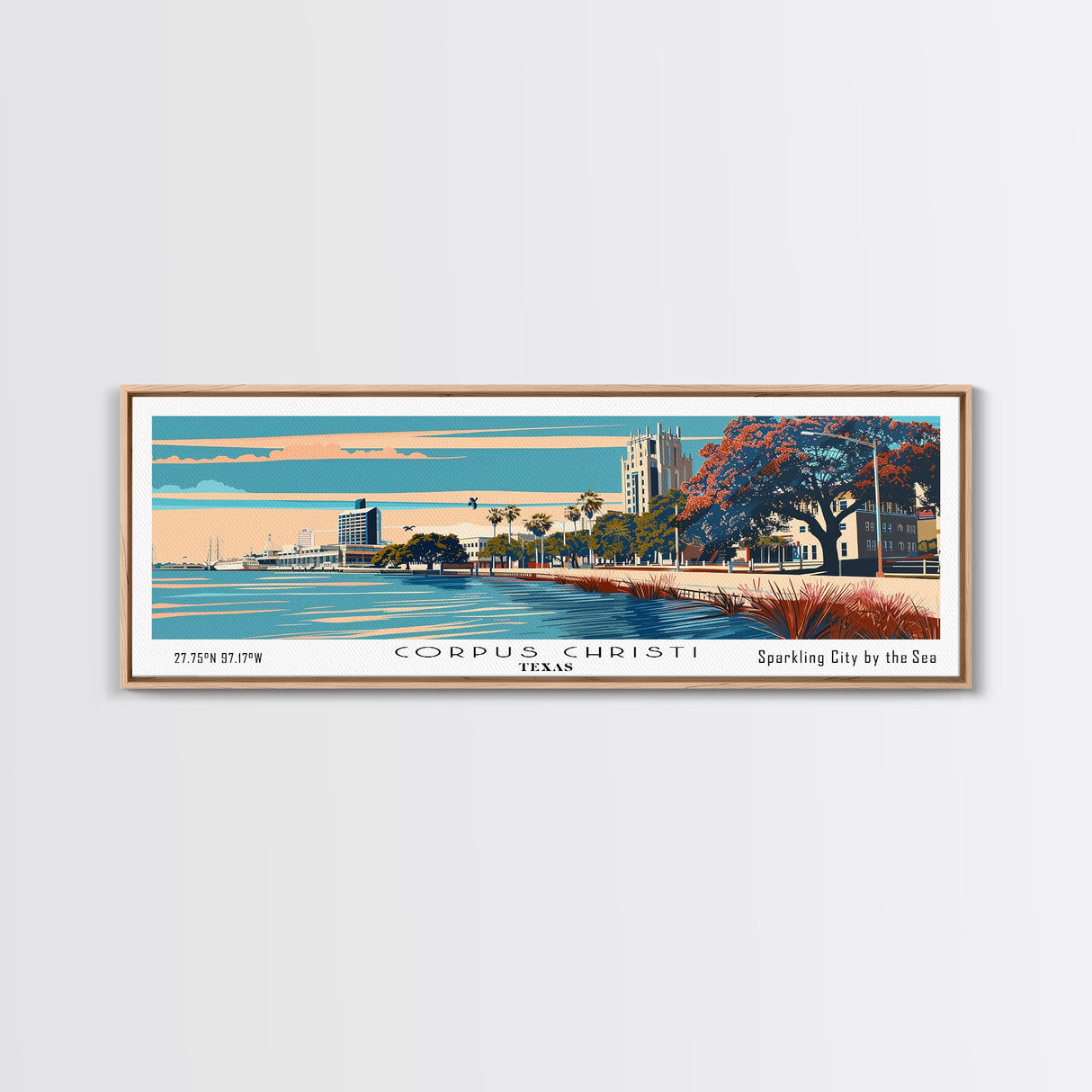 Corpus Christi Texas Panoramic Painting, Framed Canvas Print, Mid Century Modern Wall Art, Retro Pop Art Travel Poster, Office Decor, City Art