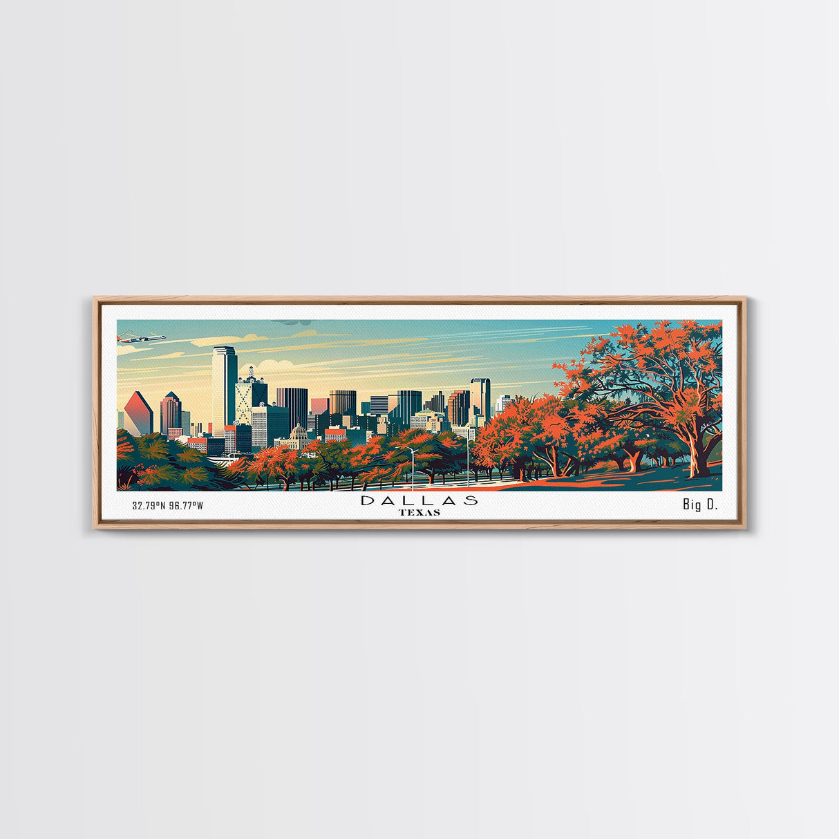 Dallas Texas Panoramic Painting, Framed Canvas Print, Mid Century Modern Wall Art, Retro Pop Art Travel Poster, Home Decor, City Art