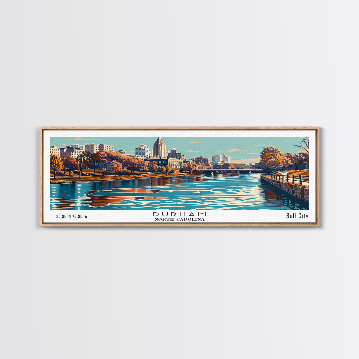 Durham North Carolina Panoramic Painting, Framed Canvas Print, Mid Century Modern Wall Art, Retro Pop Art Travel Poster, Home Decor, City Art