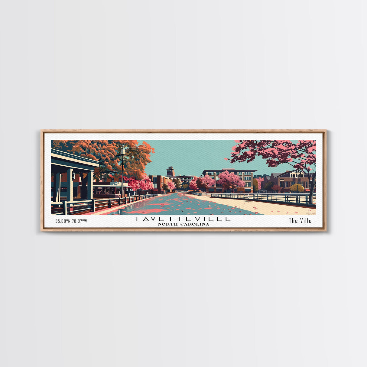 Fayetteville North Carolina Panoramic Painting, Framed Canvas Print, Mid Century Modern Wall Art, Retro Pop Art Travel Poster, Home Decor, City Art