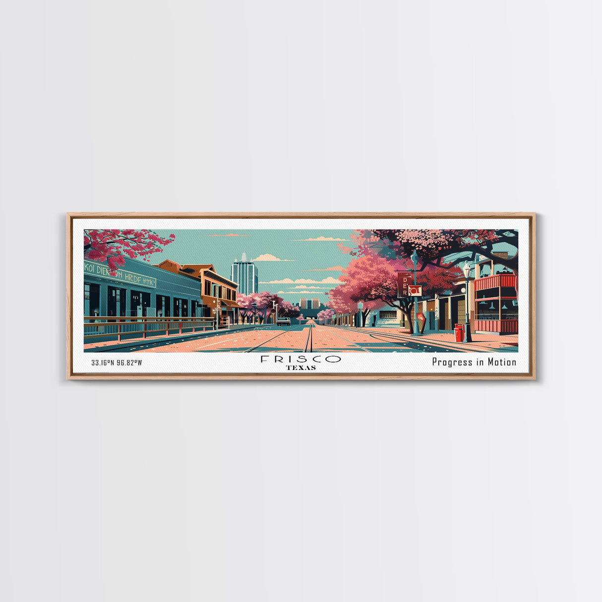 Frisco Texas Panoramic Painting, Framed Canvas Print, Mid Century Modern Wall Art, Retro Pop Art Travel Poster, Office Decor, City Art