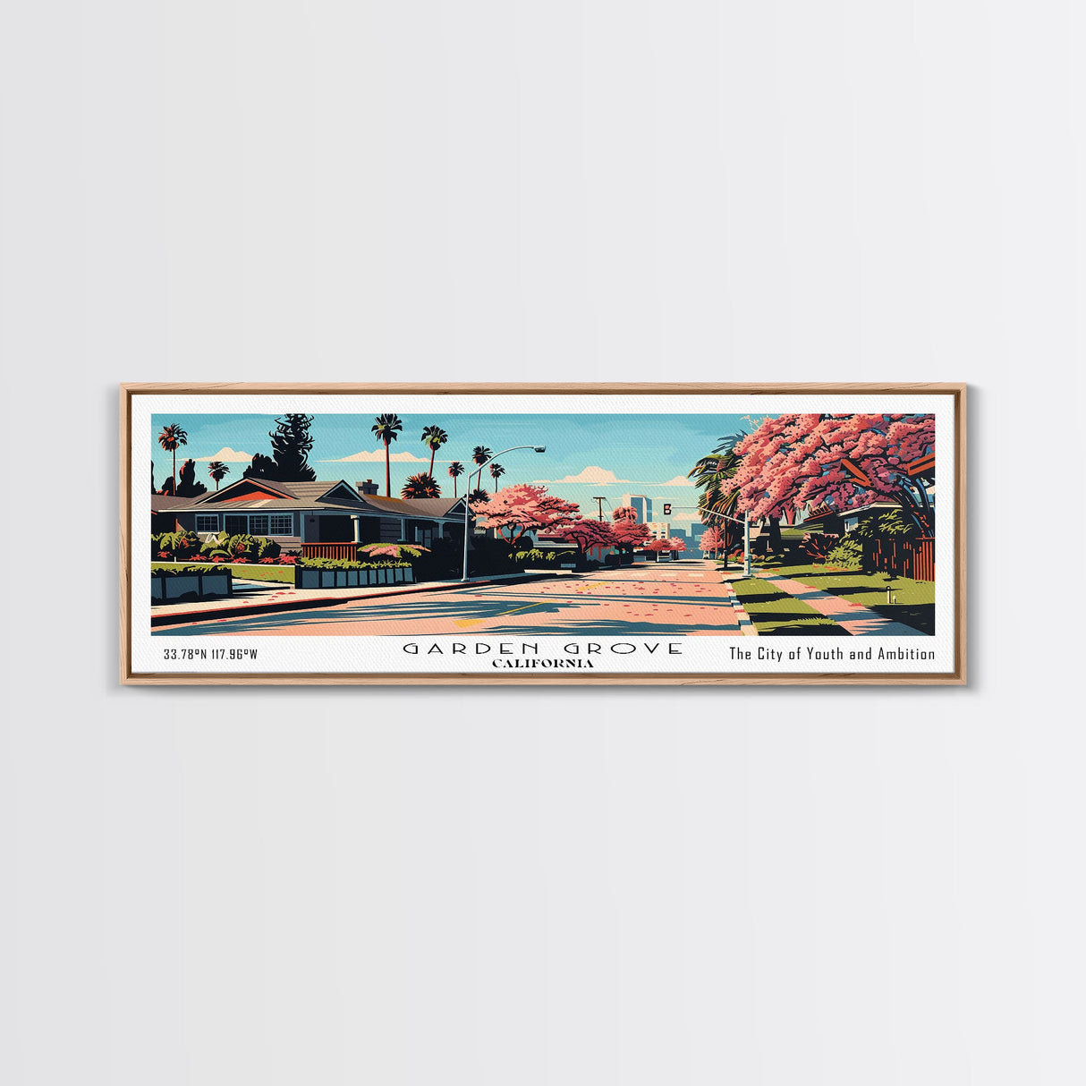 Garden Grove California Panoramic Painting, Framed Canvas Print, Mid Century Modern Wall Art, Retro Pop Art Travel Poster, Living Room Decor, City Art