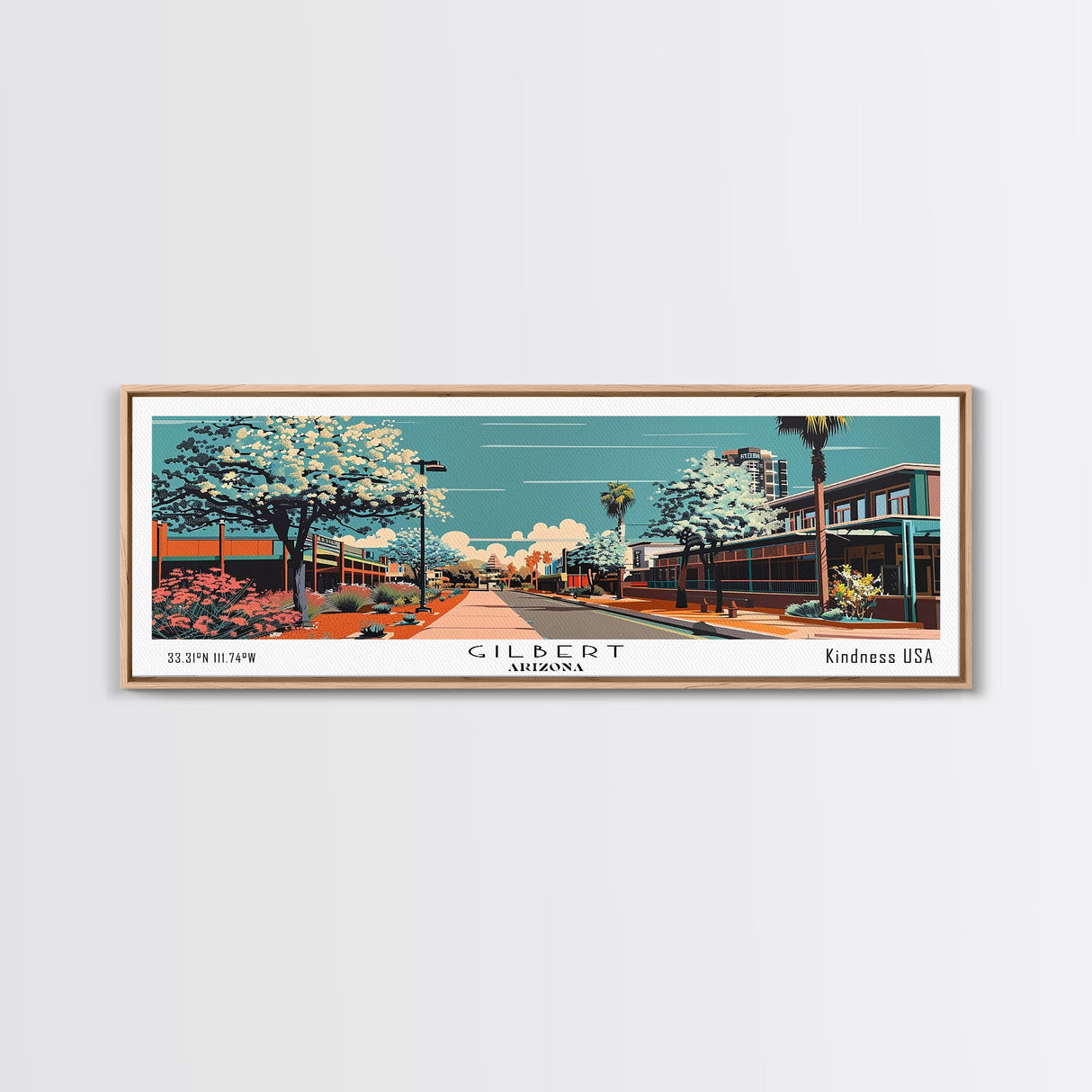 Gilbert Arizona Panoramic Painting, Framed Canvas Print, Mid Century Modern Wall Art, Retro Pop Art Travel Poster, Office Art, Cityscape Decor, Gift Idea