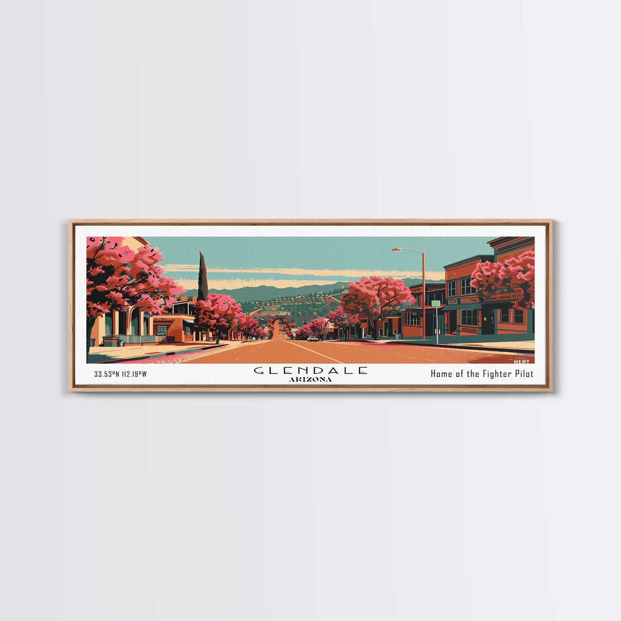 Glendale Arizona Panoramic Wall Art, Framed Canvas Print, Mid Century Modern Style, Retro Pop Art Travel Poster, Living Room Art, Home Decor, Cityscape