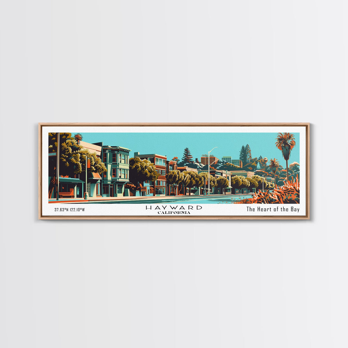 Hayward California Panoramic Painting, Framed Canvas Print, Mid Century Modern Wall Art, Retro Pop Art Travel Poster, Cityscape Decor, Office Wall Art, Home Decor