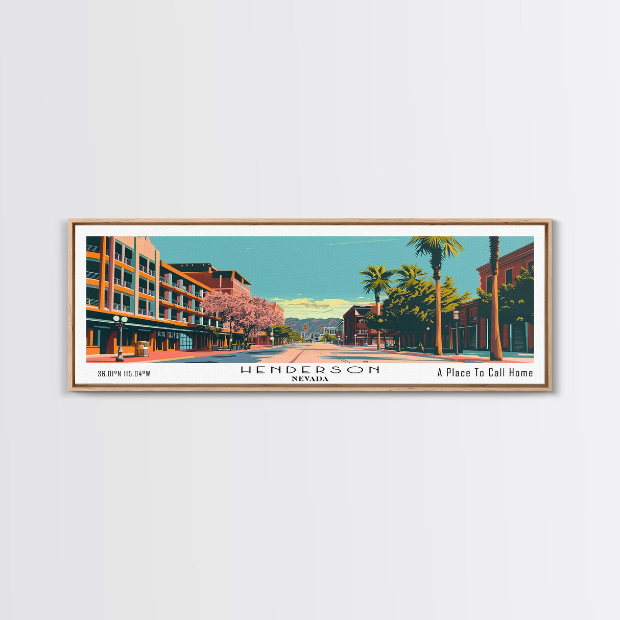 Henderson Nevada Panoramic Painting, Mid Century Modern Framed Canvas Print, City Art, Retro Pop Art Travel Poster, Living Room Decor, Home Office Art, Cityscape