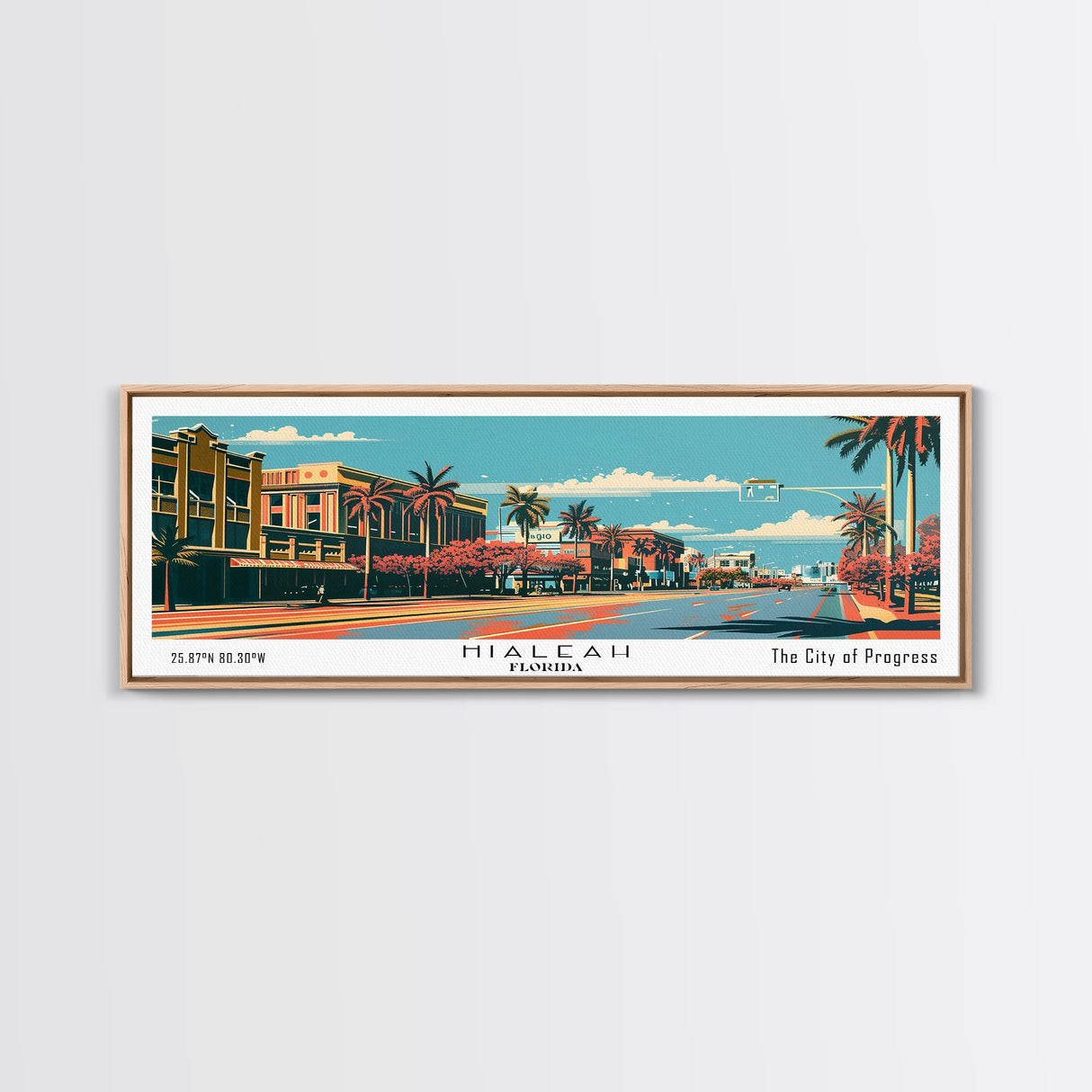 Hialeah Florida Panoramic Wall Art, Framed Canvas Print, Mid Century Modern Style, Retro Pop Art Travel Poster, Living Room Art, Cityscape Decor, Office Wall Art