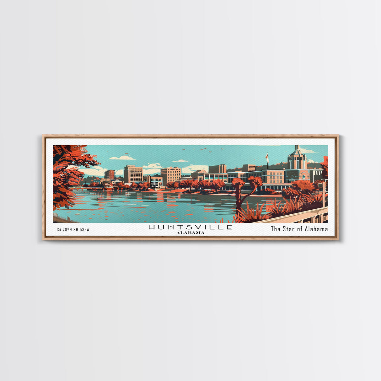 Huntsville Alabama Panoramic Painting, Mid Century Modern Framed Canvas Print, City Art, Retro Pop Art Travel Poster, Living Room Decor, Office Art, Cityscape Wall Art