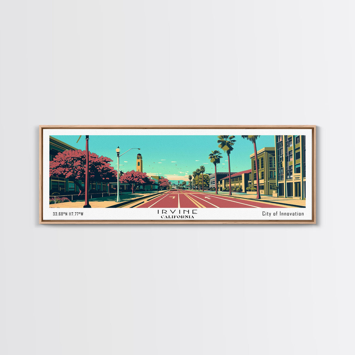 Irvine California Panoramic Wall Art, Mid Century Modern Framed Canvas Print, Retro Pop Art Travel Poster, Cityscape Decor, Living Room Art, Office Wall Art, Home Decor