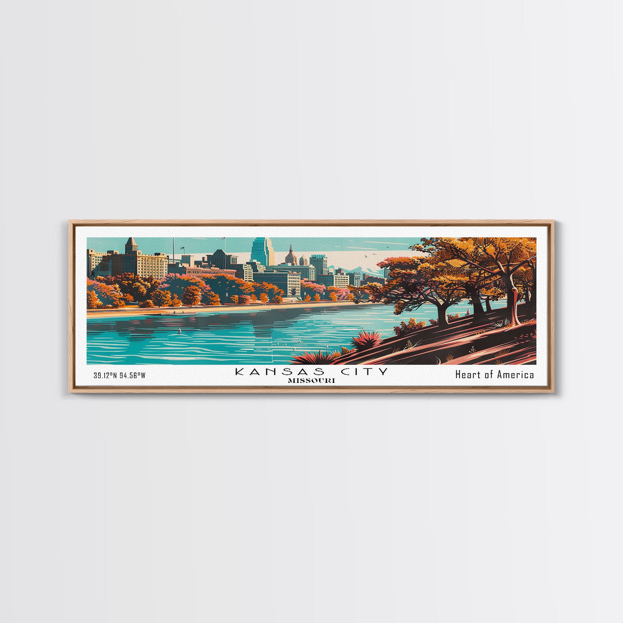 Kansas City Missouri Panoramic Wall Art, Mid Century Modern Framed Canvas Print, Retro Pop Art Travel Poster, Living Room Decor, Cityscape Art, Home Office Decor