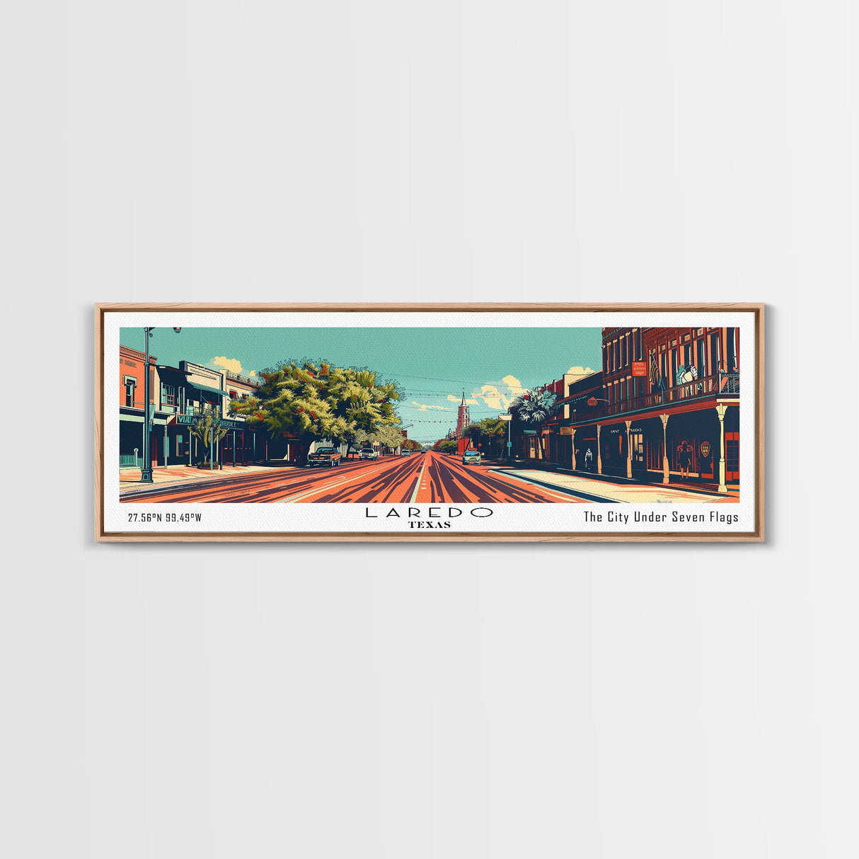 Laredo Texas Panoramic Wall Art, Mid Century Modern Framed Canvas Print, Retro Pop Art Travel Poster, Living Room Decor, Cityscape Art, Home Office Decor