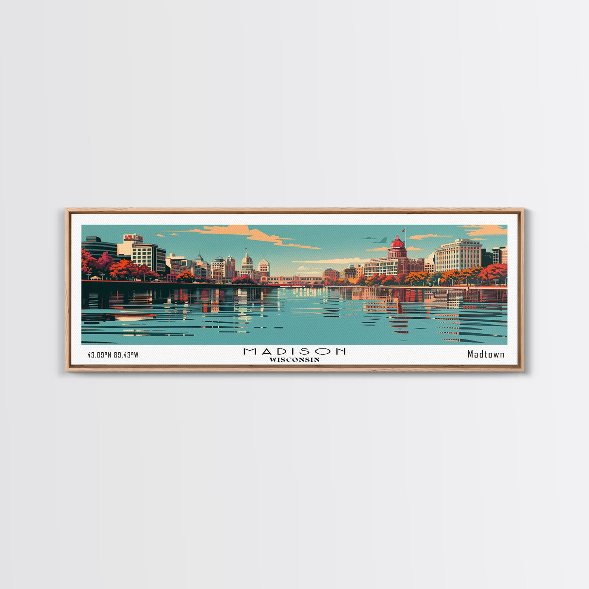 Madison Wisconsin Mid Century Modern Framed Canvas Print, Retro Pop Art Travel Poster, Home Decor, Living Room Art, Panoramic View