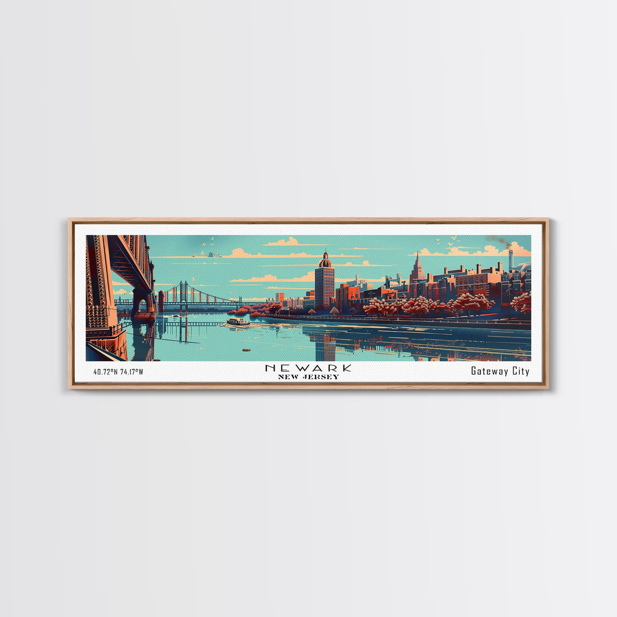 Newark New Jersey Panoramic Wall Art, Mid Century Modern Framed Canvas Print, Retro Pop Art Travel Poster, Office Decor, Gift Idea