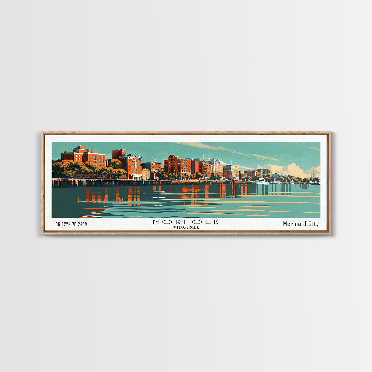 Norfolk Virginia Panoramic Painting, Mid Century Modern Framed Canvas Print, Retro Pop Art Travel Poster, Living Room Wall Decor