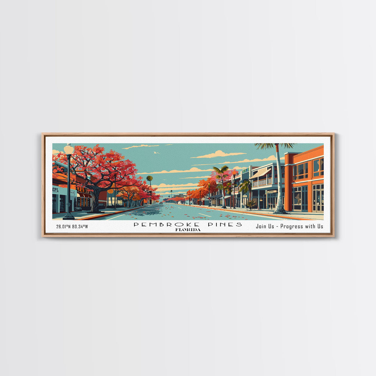 Pembroke Pines Florida Panoramic Wall Art, Mid Century Modern Framed Canvas Print, Retro Pop Art Travel Poster, Office Decor, Living Room Art