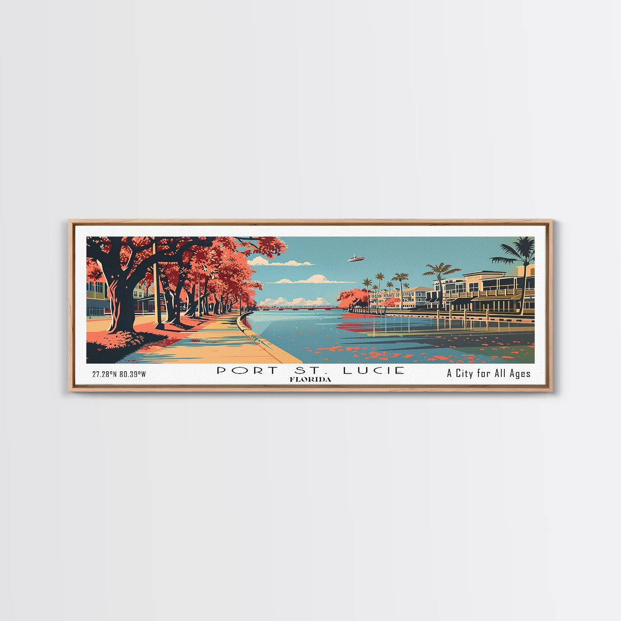 Port St. Lucie Florida Panoramic Painting, Mid Century Modern Framed Canvas Print, Retro Pop Art Travel Poster, Home Decor, Cityscape Art