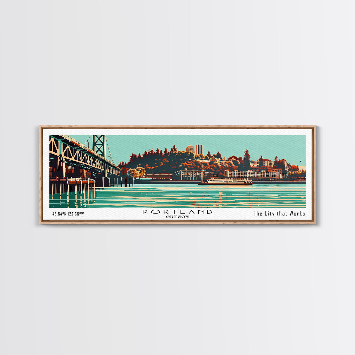 Portland Oregon Panoramic Wall Art, Mid Century Modern Framed Canvas Print, Retro Pop Art Travel Poster, Office Decor, Living Room Art