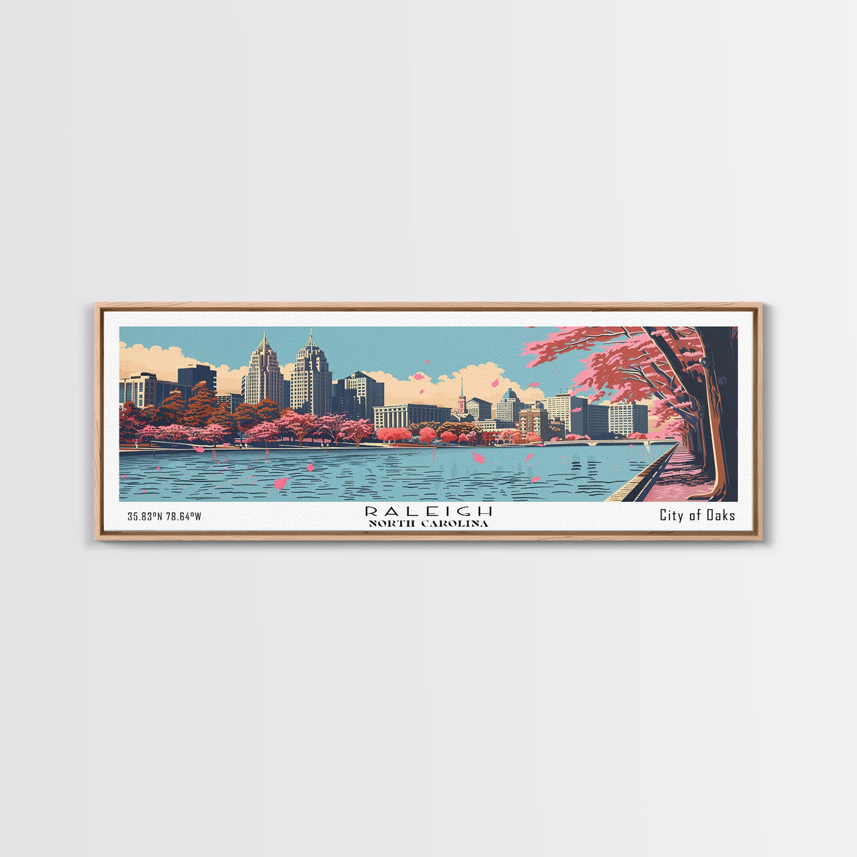 Raleigh North Carolina Panoramic Wall Art, Mid Century Modern Framed Canvas Print, Retro Pop Art Travel Poster, Office Decor, Gift Idea