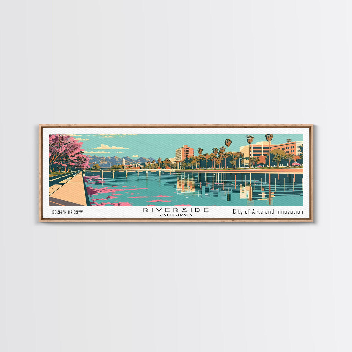 Riverside California Panoramic Wall Art, Mid Century Modern Framed Canvas Print, Retro Pop Art Cityscape, Travel Poster, Living Room Decor