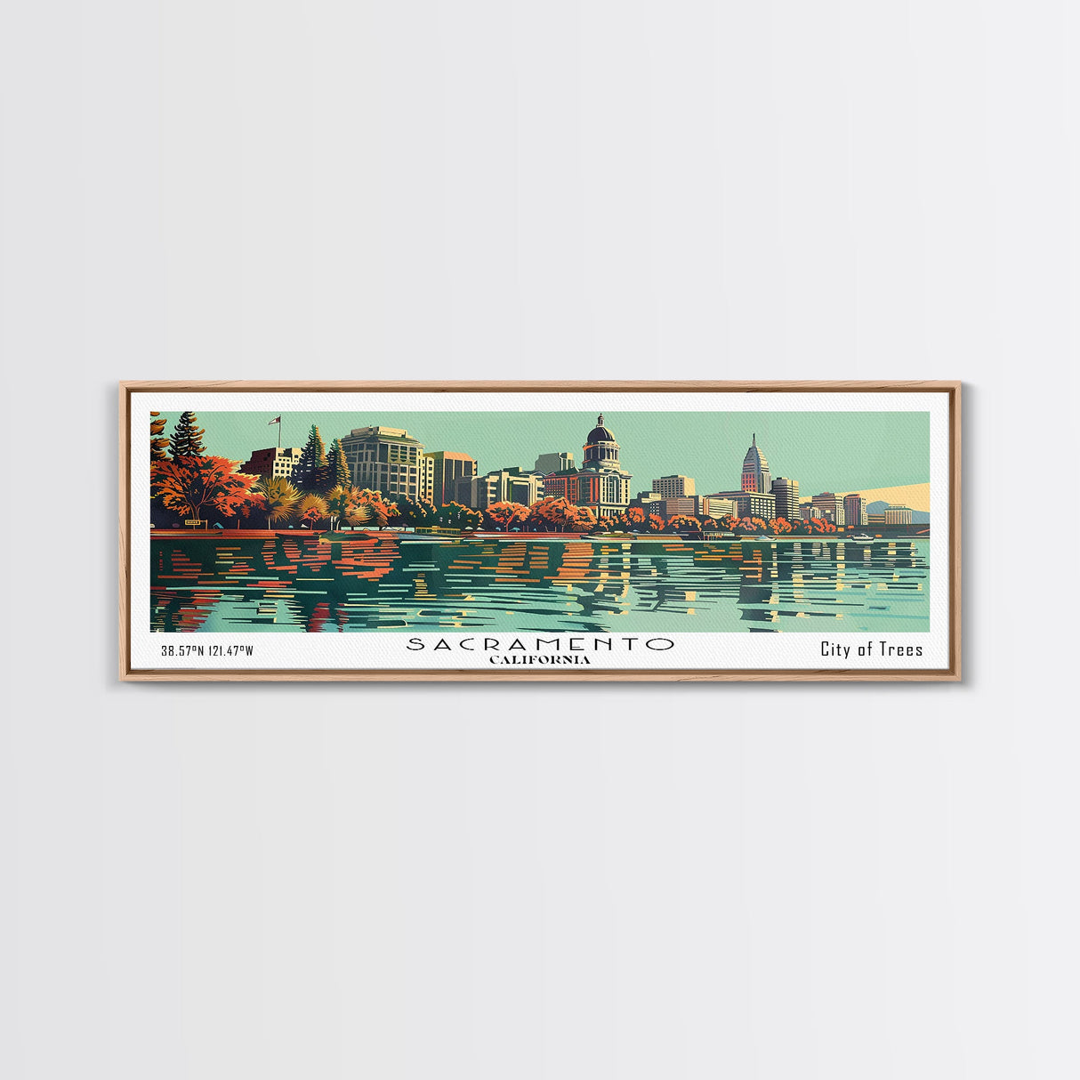 Sacramento California Panoramic Painting, Mid Century Modern Framed Canvas Print, Retro Pop Art Travel Poster, Cityscape, Home Decor, Office Wall Art