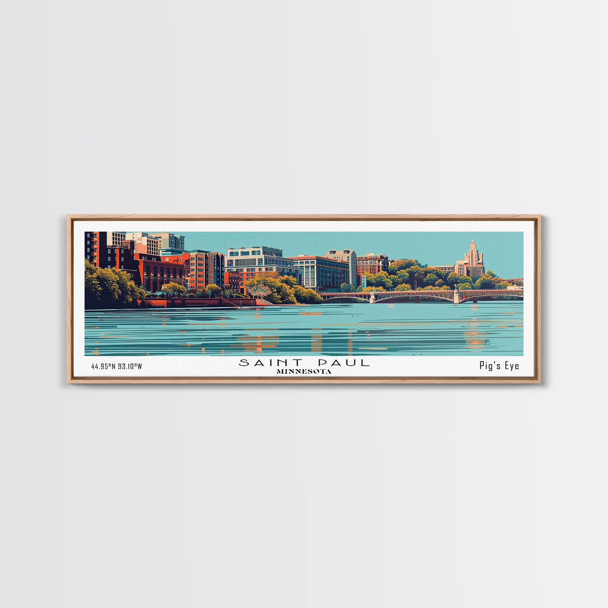 Saint Paul Minnesota Panoramic Wall Art, Mid Century Modern Framed Canvas Print, Retro Pop Art Cityscape, Travel Poster, Living Room Decor