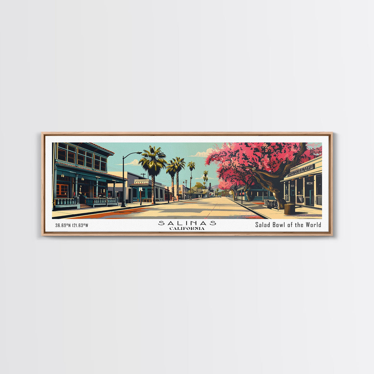 Salinas California Panoramic Painting, Mid Century Modern Framed Canvas Print, Retro Pop Art Travel Poster, Cityscape, Home Decor, Office Wall Art