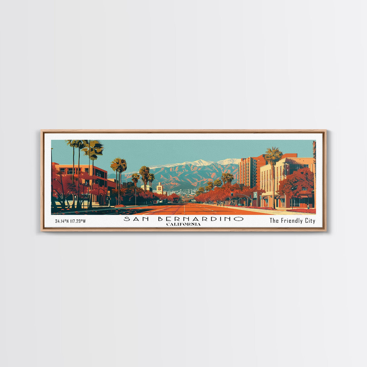 San Bernardino California Panoramic Wall Art, Mid Century Modern Framed Canvas Print, Retro Pop Art Cityscape, Travel Poster, Living Room Decor