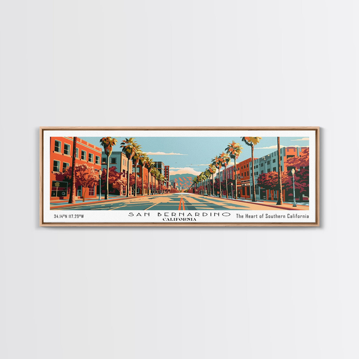 San Bernardino California Panoramic Painting, Mid Century Modern Framed Canvas Print, Retro Pop Art Travel Poster, Cityscape, Home Decor, Office Wall Art