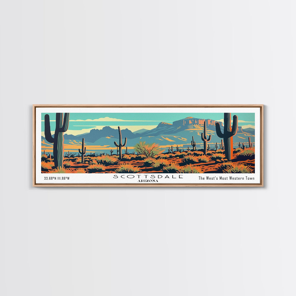 Scottsdale Arizona Panoramic Painting, Mid Century Modern Framed Canvas Print, Retro Pop Art Travel Poster, Cityscape, Home Decor, Office Wall Art