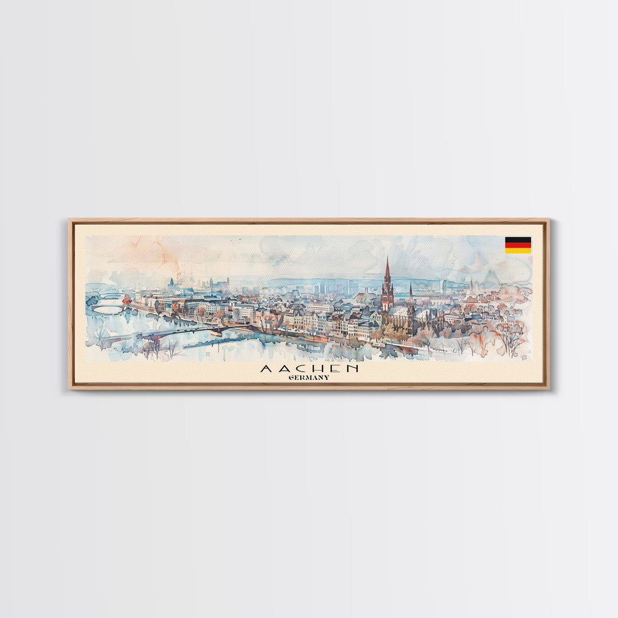 Aachen Germany  Panoramic Travel Poster, Framed Canvas Print or Metal Wall Art, Travel Art, Home Decor, Panoramic Painting, Midcentury Art