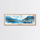 Lugano Switzerland Panoramic Travel Poster, Framed Canvas Print or Metal Wall Art, Travel Art, Home Decor, Panoramic Painting, Midcentury Art