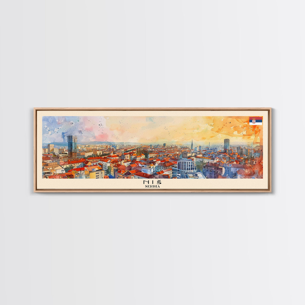 Niš Serbia Panoramic Travel Poster, Framed Canvas Print or Metal Wall Art, Travel Art, Home Decor, Panoramic Painting, Midcentury Art