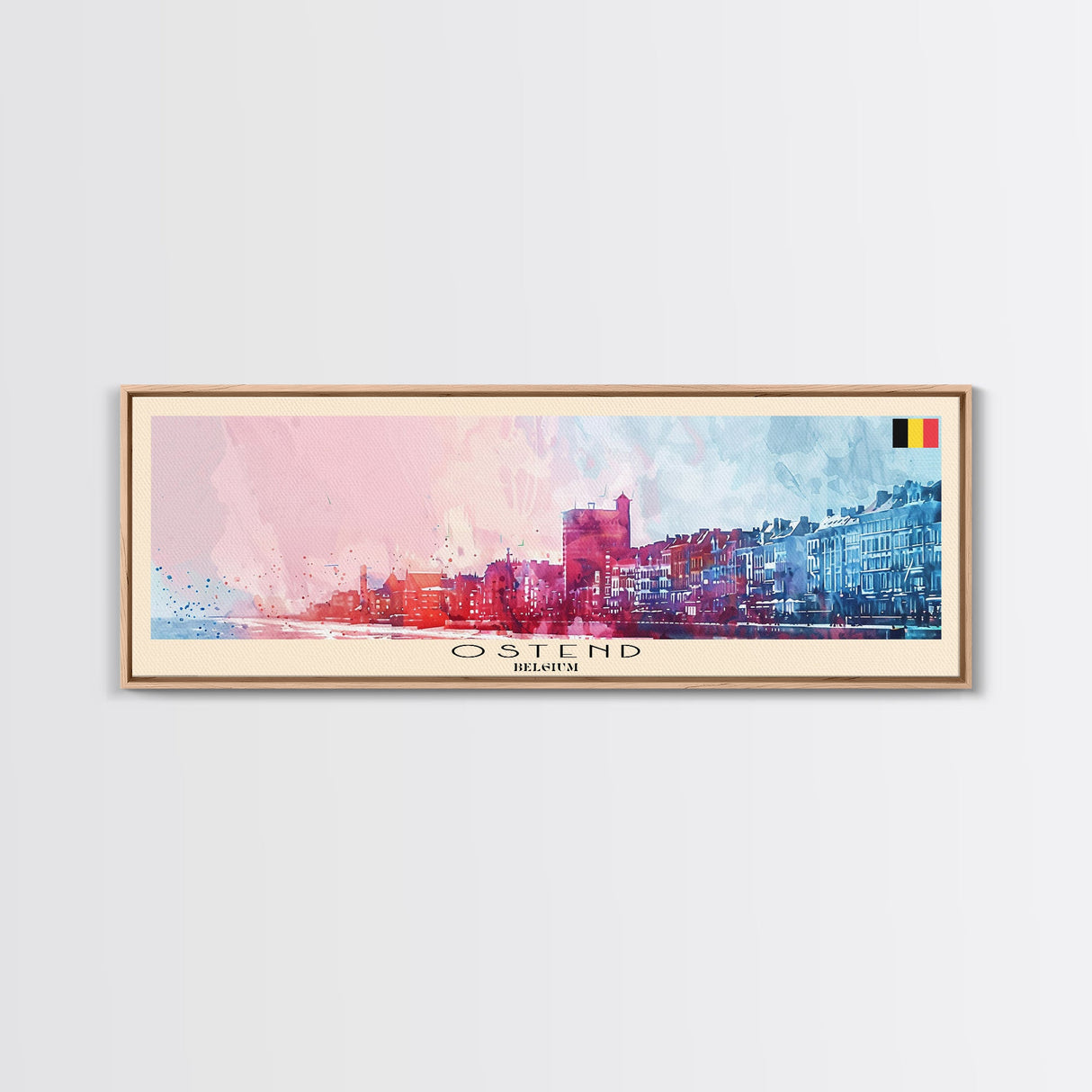 Ostend Belgium Panoramic Travel Poster, Framed Canvas Print or Metal Wall Art, Travel Art, Home Decor, Panoramic Painting, Midcentury Art